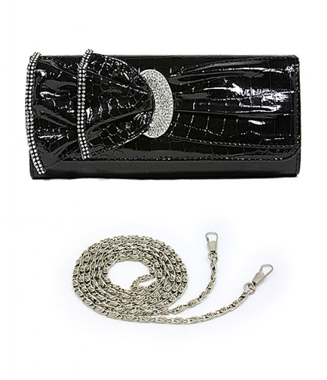 Evening Bag - Ruffled Shinny Croc w/ Rhinestone Buckle - Black – BG-618C-BK